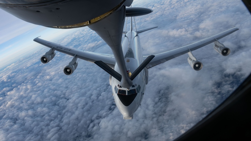 Stronger Together: 100th ARW KC-135 refuels NATO E-3 Sentry