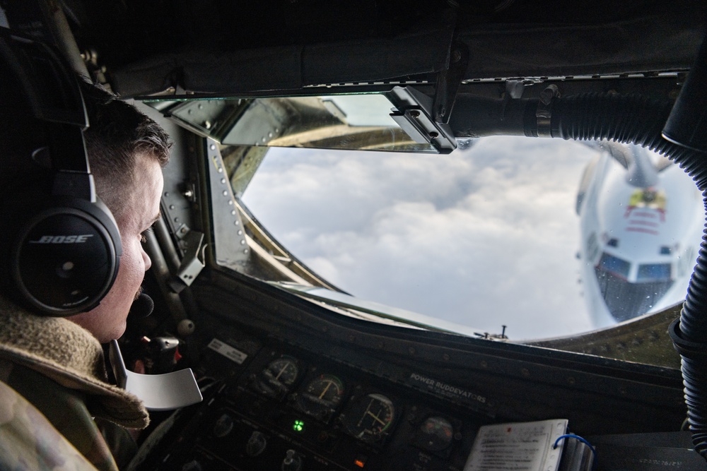 Stronger Together: 100th ARW KC-135 refuels NATO E-3 Sentry