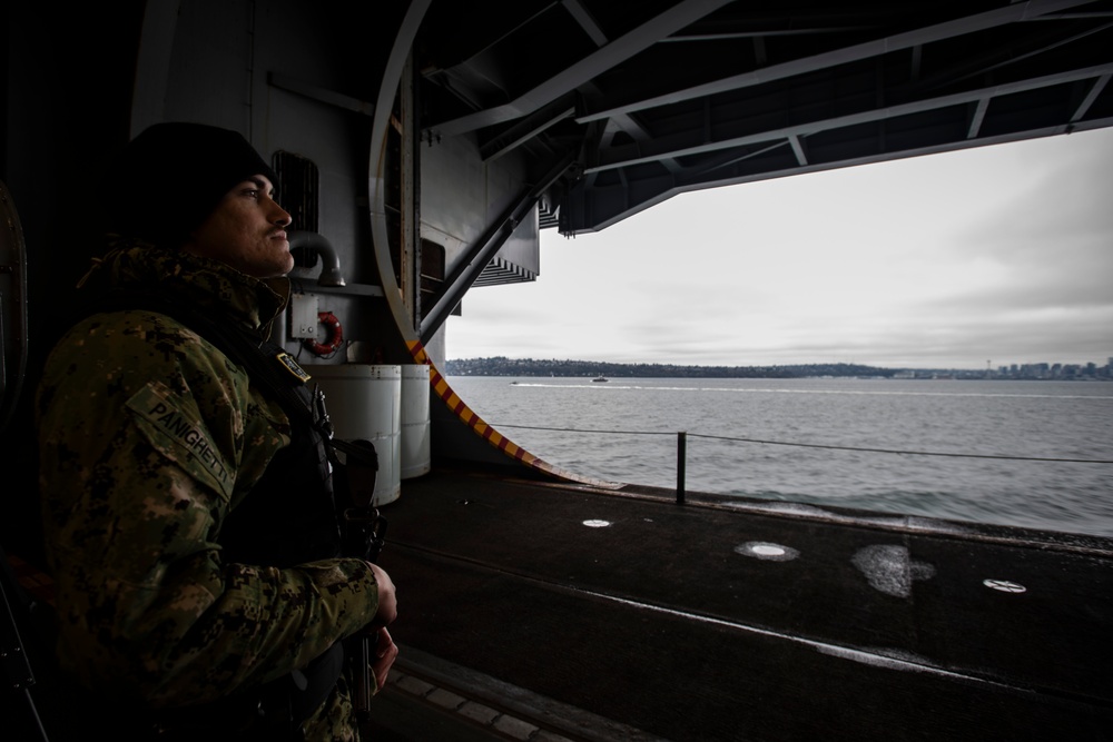 Nimitz Sailor Observes the Seattle Skyline