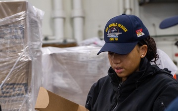 USS Ronald Reagan (CVN 76) Sailors issue personal protective equipment