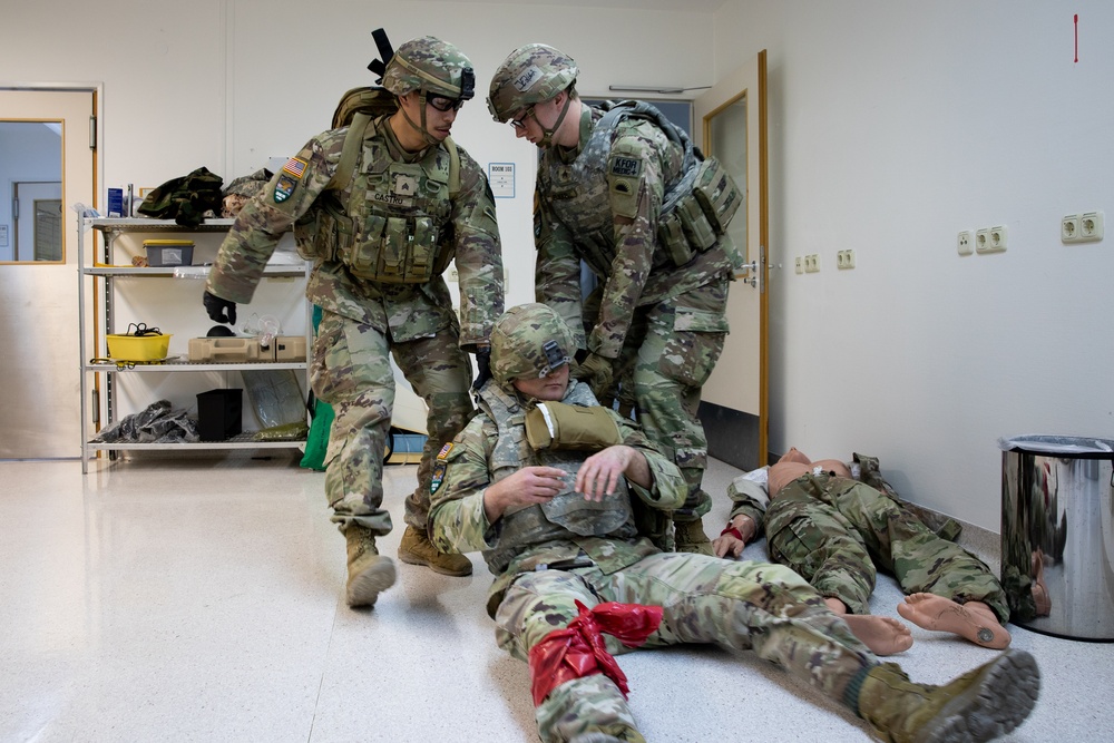 KFOR Soldiers conduct combat medic recertification training at Camp Bondsteel