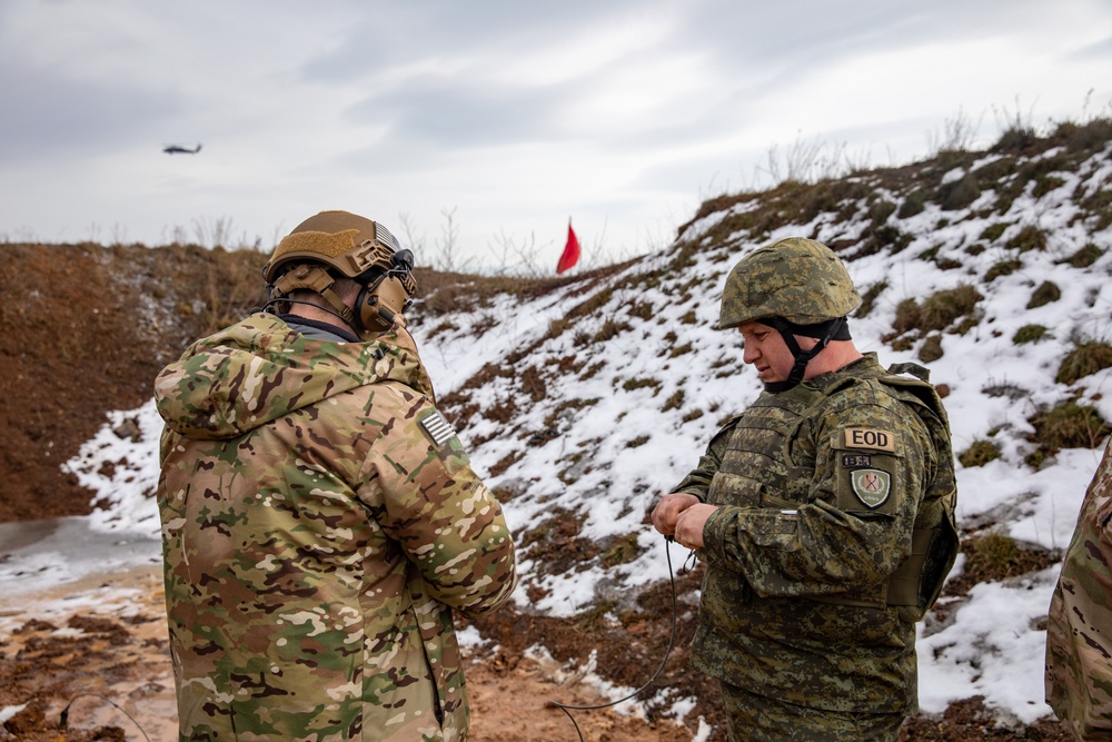 Multinational EOD soldiers assigned to NATO-led KFOR mission conduct proper disposal of unexploded ordnance