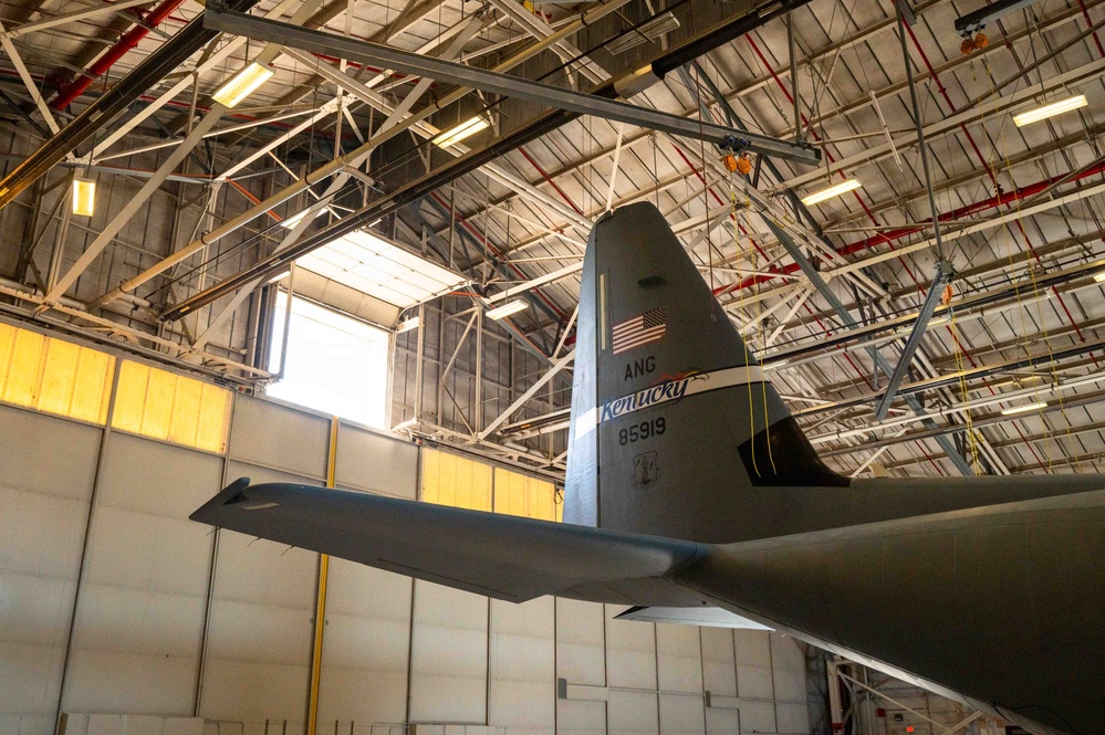 C-130J towed into hangar