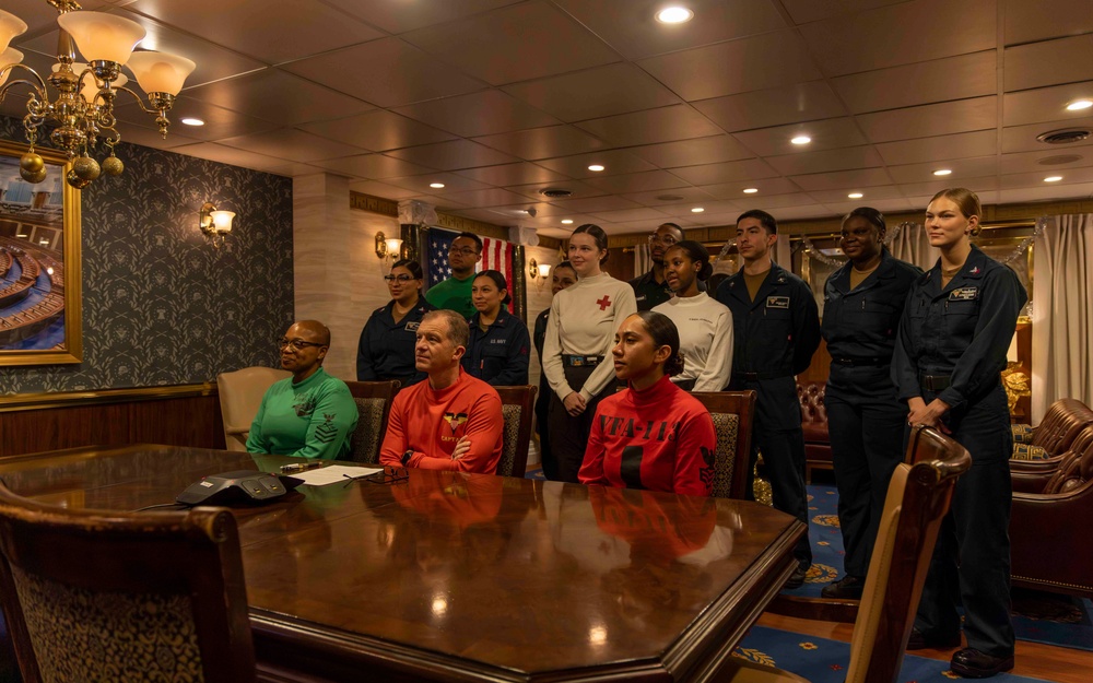 Captain. Matthew Thomas and Sailors Assigned to USS Carl Vinson (CVN 70) speak with Vice President Kamala Harris During a Video Conference Call