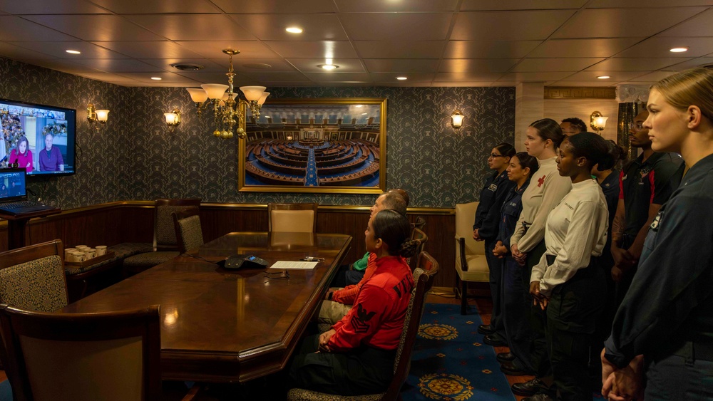 Captain. Matthew Thomas and Sailors Assigned to USS Carl Vinson (CVN 70) speak with Vice President Kamala Harris During a Video Conference Call