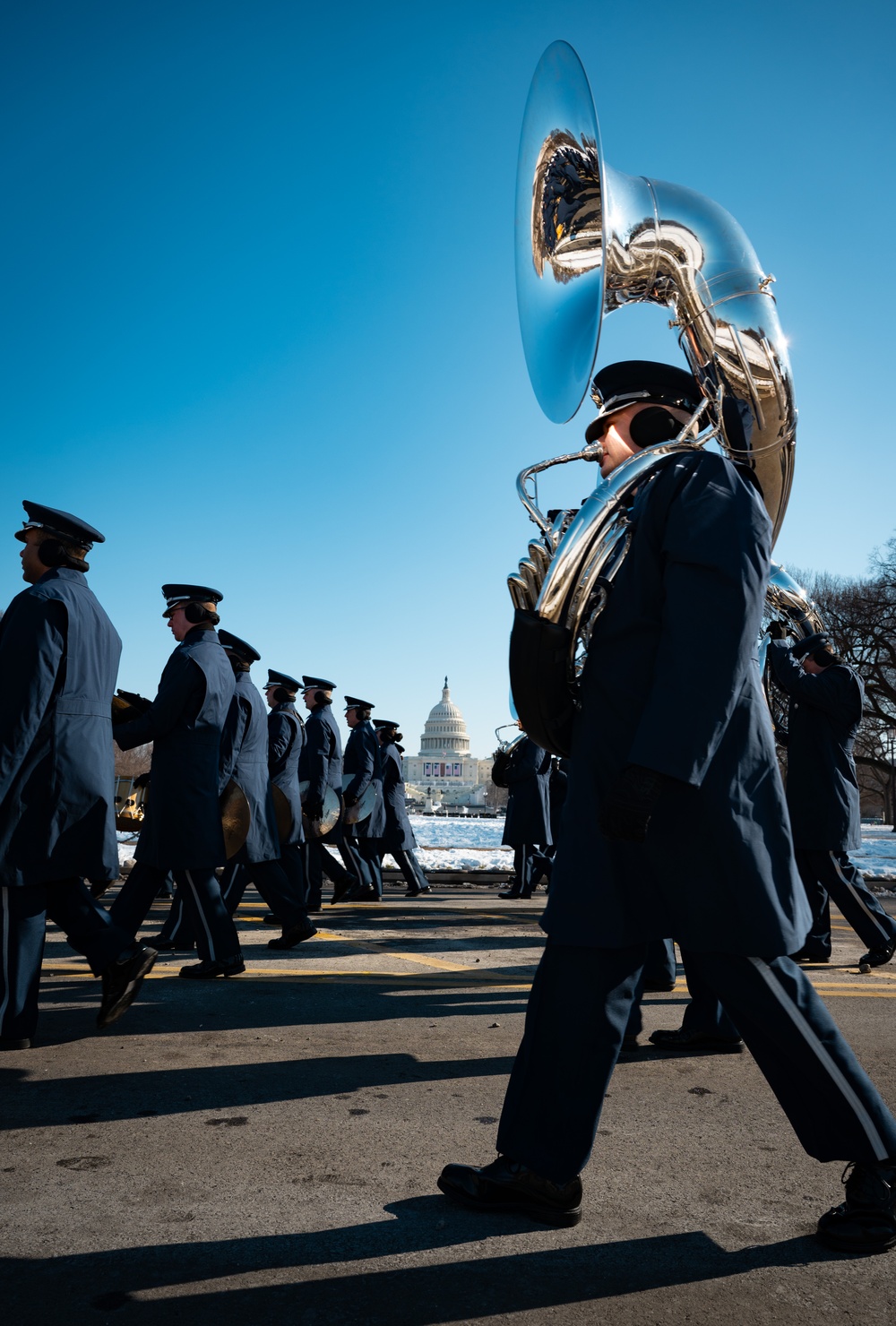 The U.S. Air Force Band marches in inauguration rehearsal