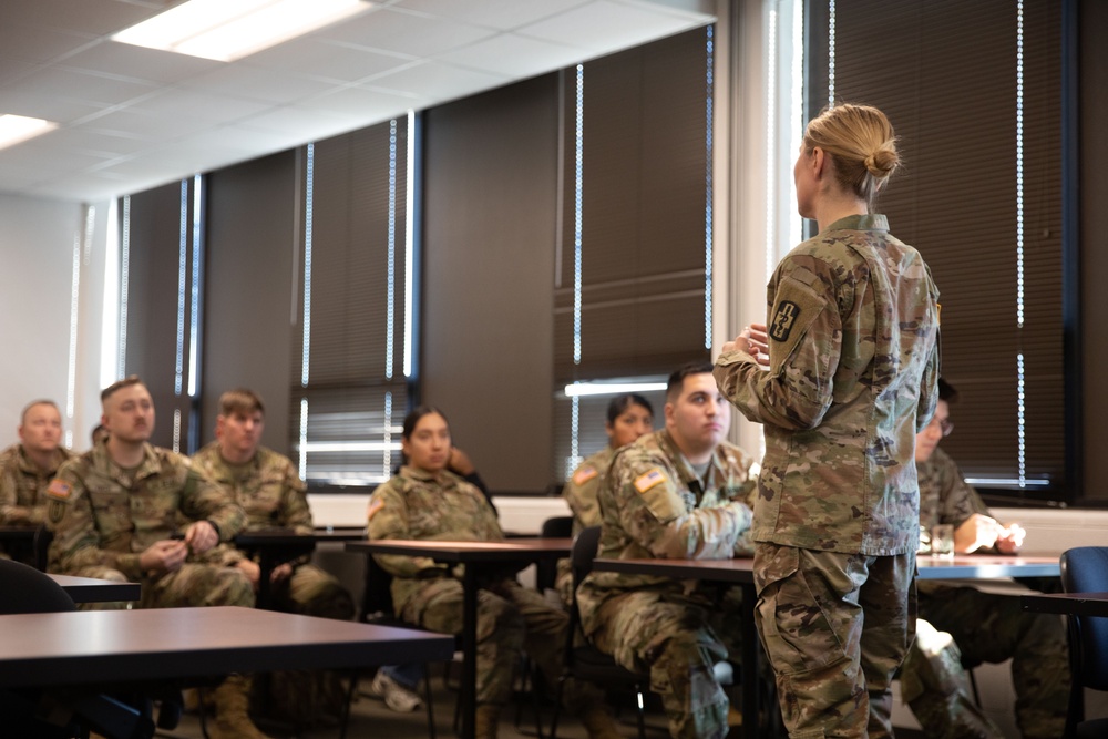 U.S. Army Reserve Capt. Alexandra Wiak conducts a class on Nutrition.