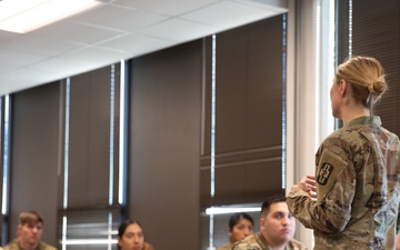 U.S. Army Reserve Capt. Alexandra Wiak conducts a class on Nutrition.