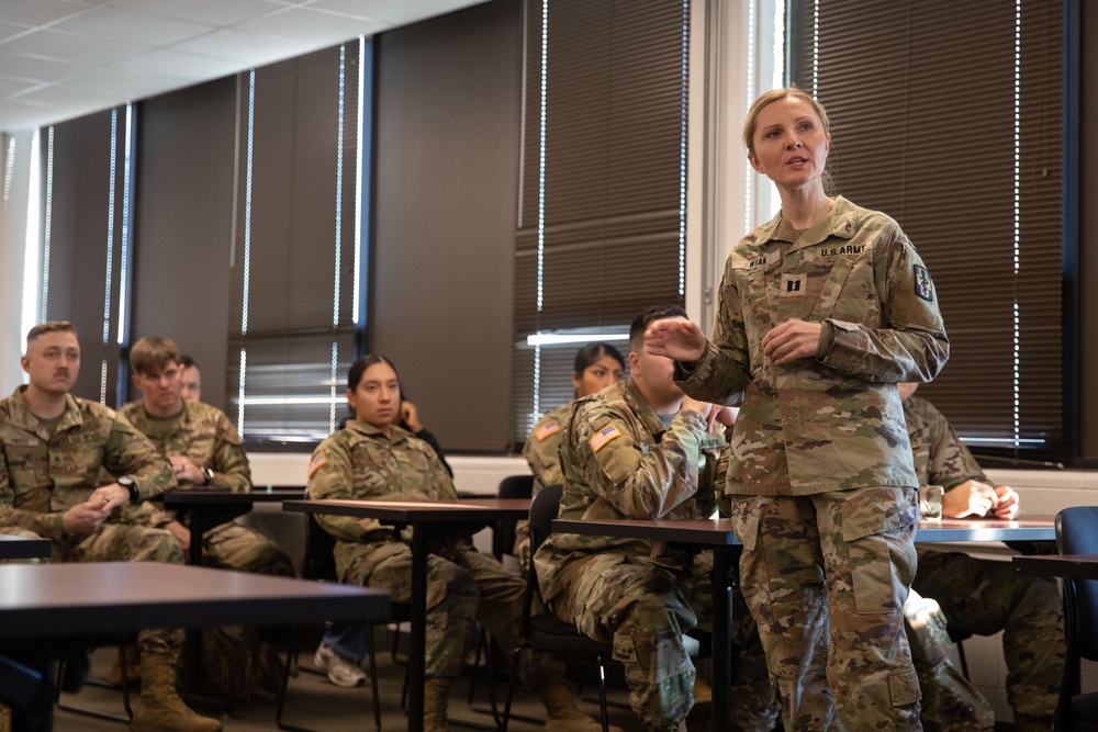 U.S. Army Reserve Capt. Alexandra Wiak conducts a class on Nutrition.