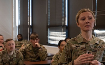 U.S. Army Reserve Capt. Alexandra Wiak conducts a class on Nutrition.