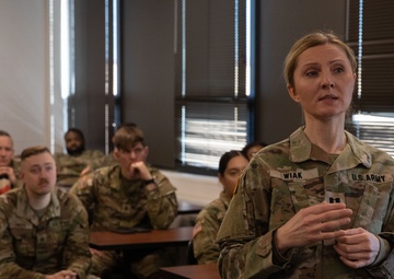 U.S. Army Reserve Capt. Alexandra Wiak conducts a class on Nutrition.