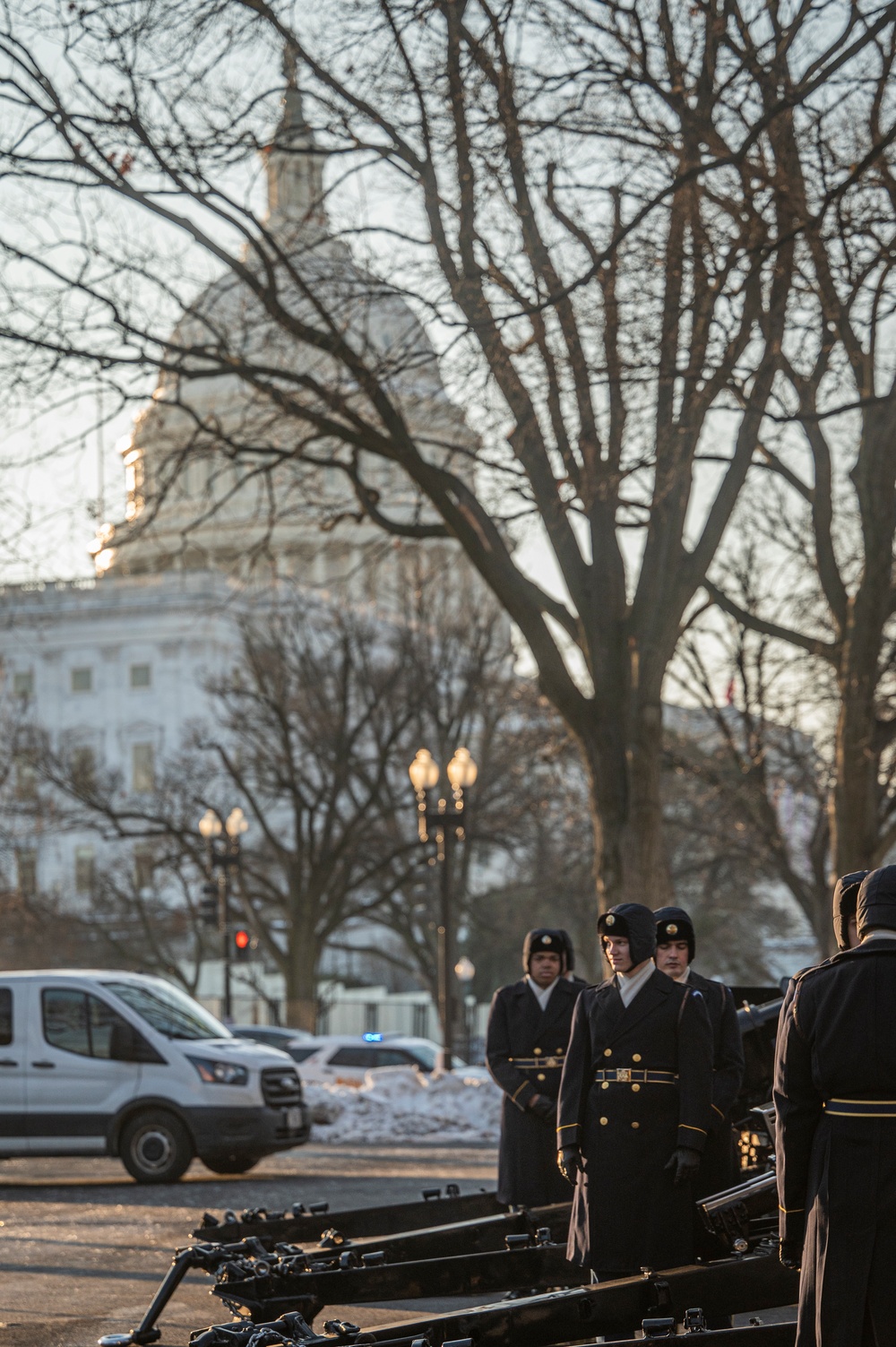 The Presidential Salute Battery fire a 21-Gun Salute during a rehearsal for the 60th Presidential Inauguration