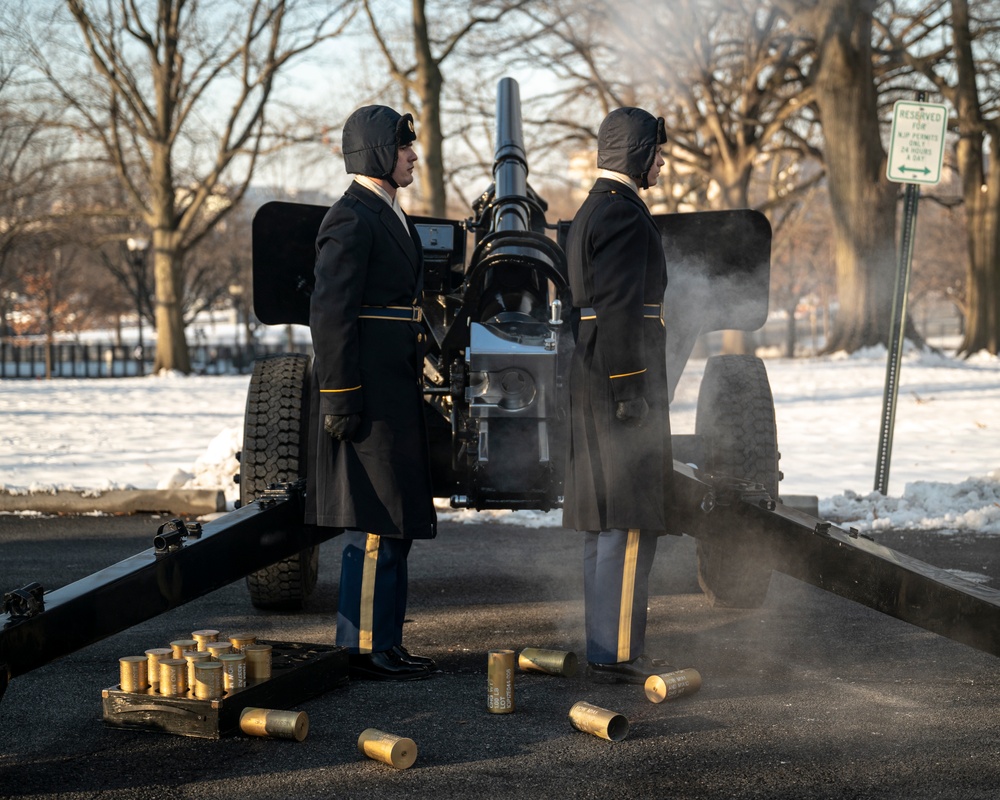 The Presidential Salute Battery fire a 21-Gun Salute during a rehearsal for the 60th Presidential Inauguration