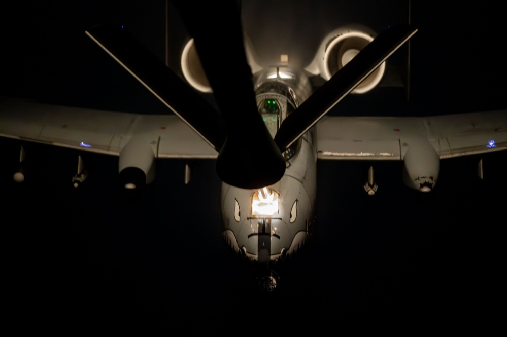 KC-135 Stratotanker conducts aerial refueling mission in stormy skies over USCENTCOM AOR