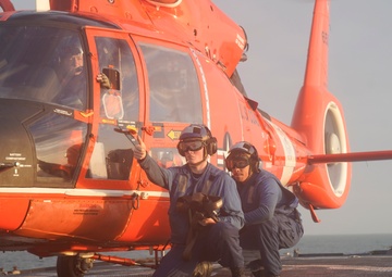Coast Guard Cutter Venturous crew members conduct flight operations with an embarked aircrew in the Eastern Pacific Ocean