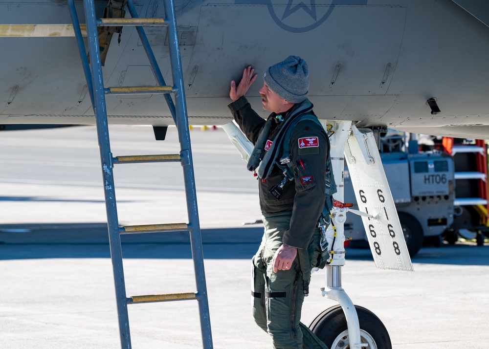 Maj. John 'Space' Stout flies fini-flight at the 104th Fighter Wing