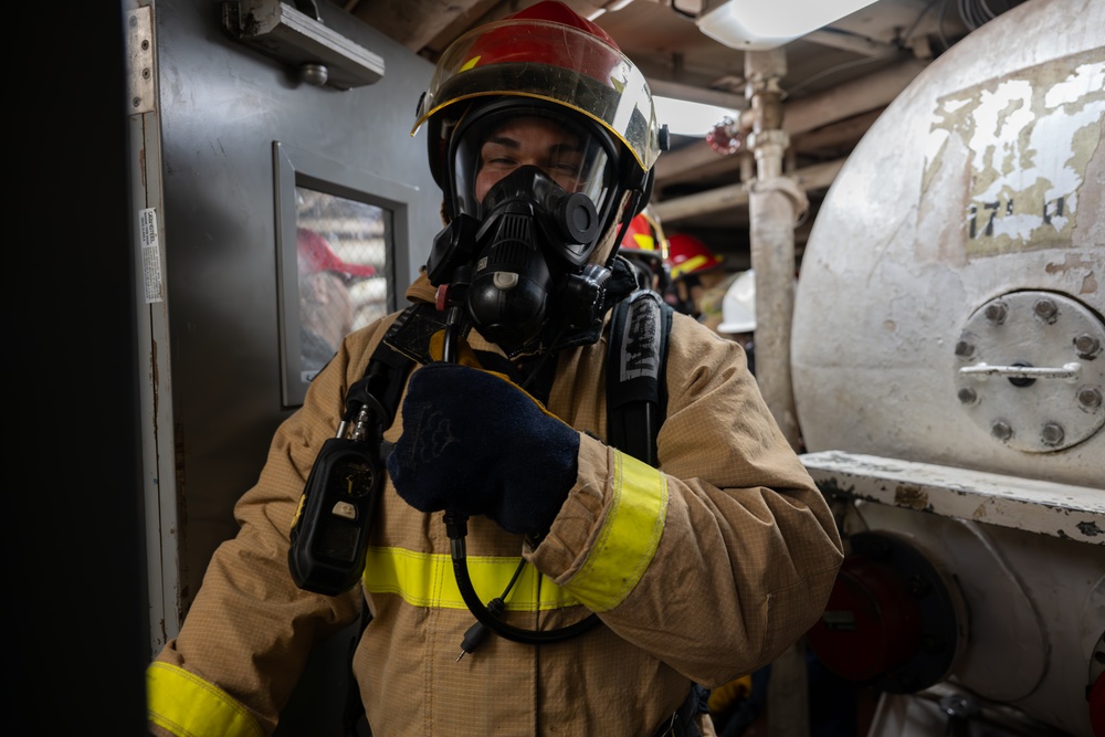 USCGC Polar Star (WAGB 10) crewmembers conduct damage control training in McMurdo Sound during Operation Deep Freeze