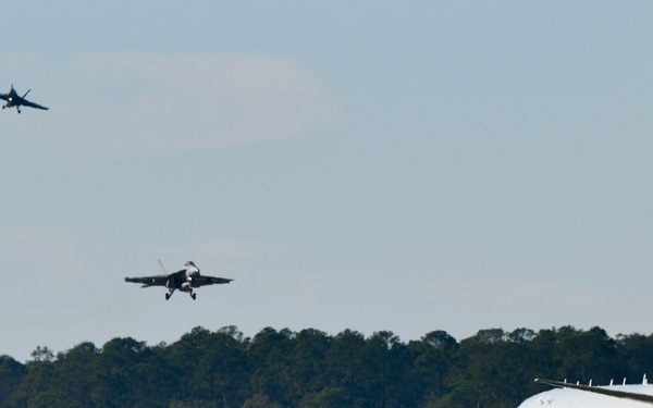 30 F/A-18 Super Hornets from Naval Air Station Oceana staged at Naval Air Station Jacksonville for a flyover honoring former U.S. President Jimmy Carter.