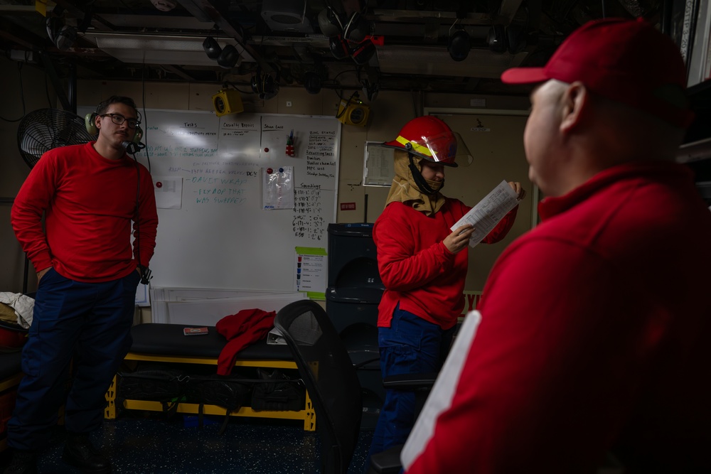 USCGC Polar Star (WAGB 10) crewmembers conduct damage control training in McMurdo Sound during Operation Deep Freeze