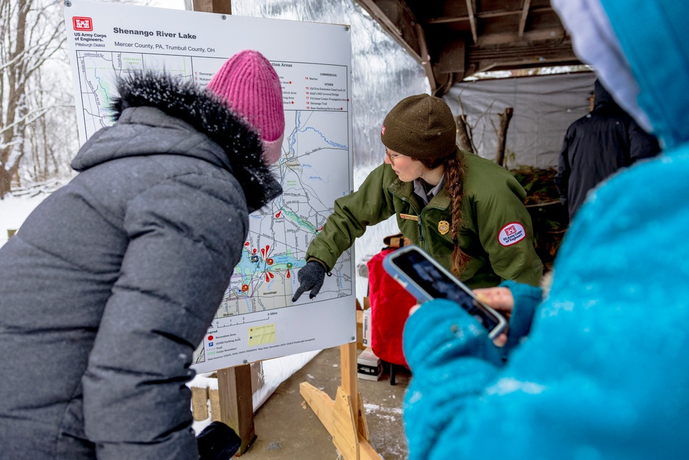 Crowds gather in beautiful wintery landscape at Shenango for Eagle Fest