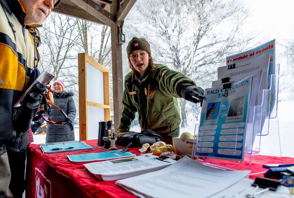 Crowds gather in beautiful wintery landscape at Shenango for Eagle Fest