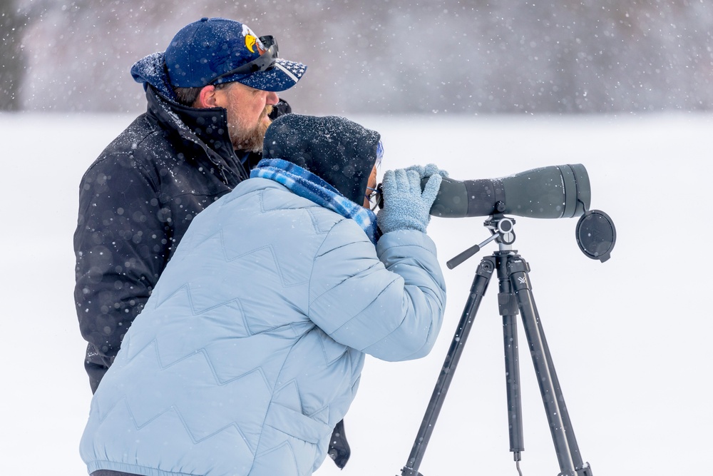 Crowds gather in beautiful wintery landscape at Shenango for Eagle Fest