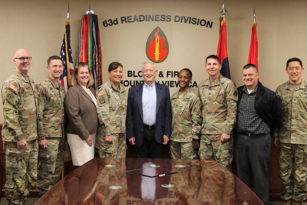 Former Secretary of Defense James Mattis met with servicemembers from the 63d Readiness Division