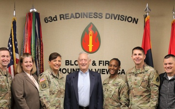 Former Secretary of Defense James Mattis met with servicemembers from the 63d Readiness Division