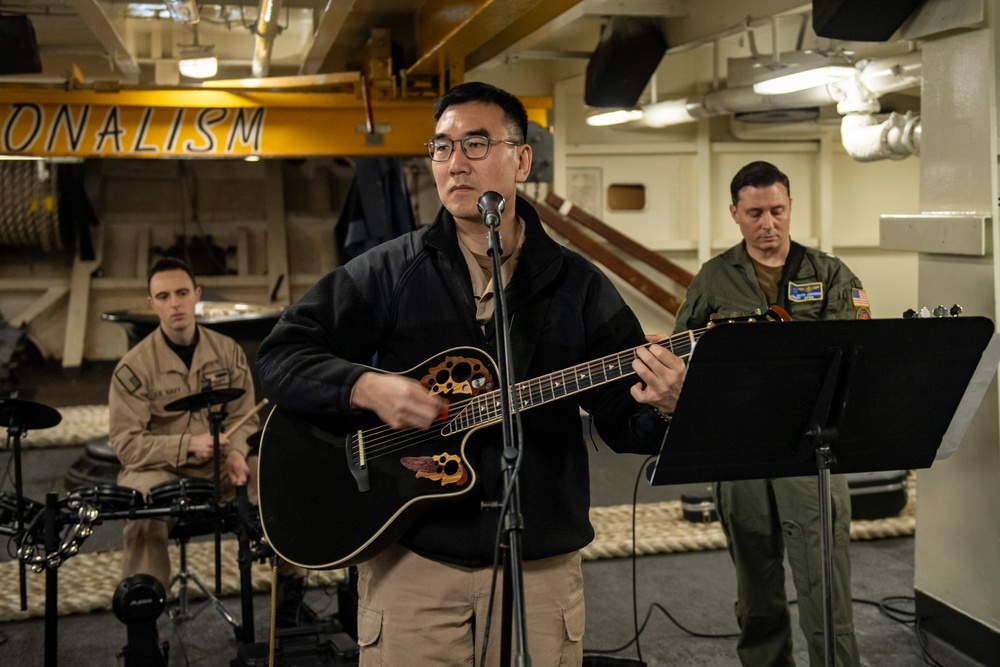 Nimitz Sailors Play Music During a Contemporary Christian Service