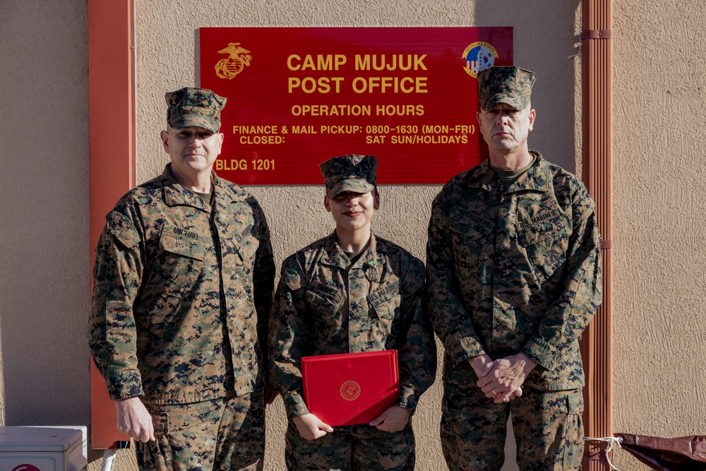 Mail is Morale: LCpl Chavez receives achievement medal for role in new post office opening on Camp Mujuk