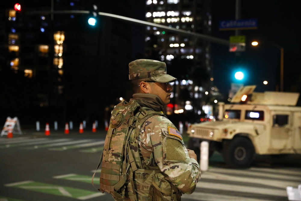 330th and 670th Military Police Companies Maintain Security Near the LA Wildfires As The Sun Sets