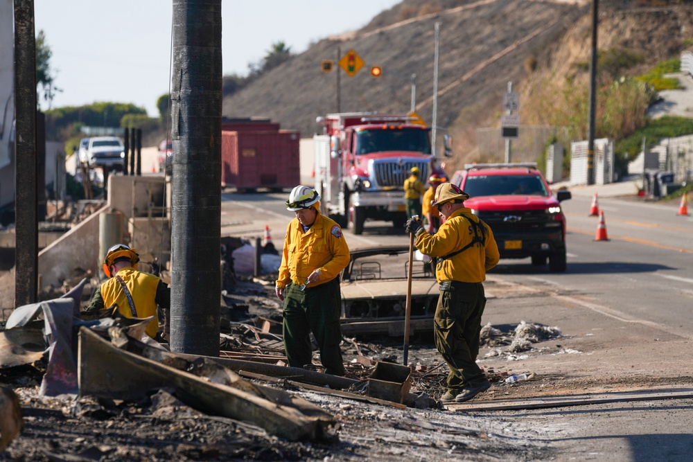 Cal Fire, California Task Force 3 and Ejercito Mexicano Rescate respond to the Palisades wildfire in California.