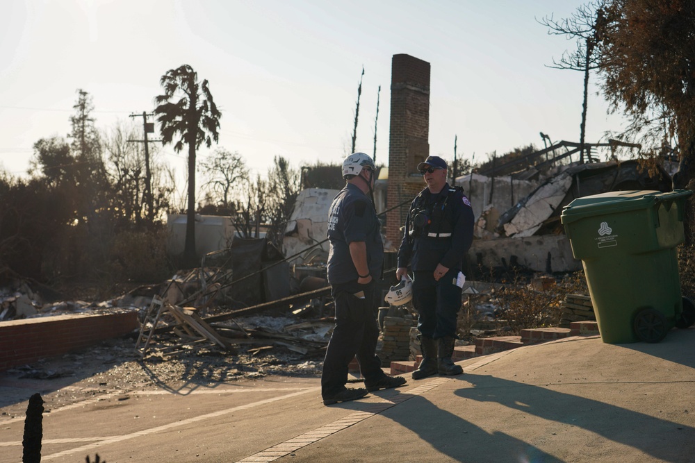 Cal Fire, California Task Force 3 and Ejercito Mexicano Rescate respond to the Palisades wildfire in California.