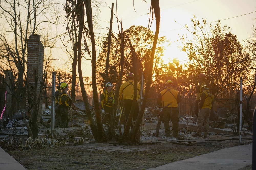 Cal Fire, California Task Force 3 and Ejercito Mexicano Rescate respond to the Palisades wildfire in California.