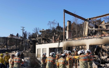 Cal Fire, California Task Force 3 and Ejercito Mexicano Rescate respond to the Palisades wildfire in California.