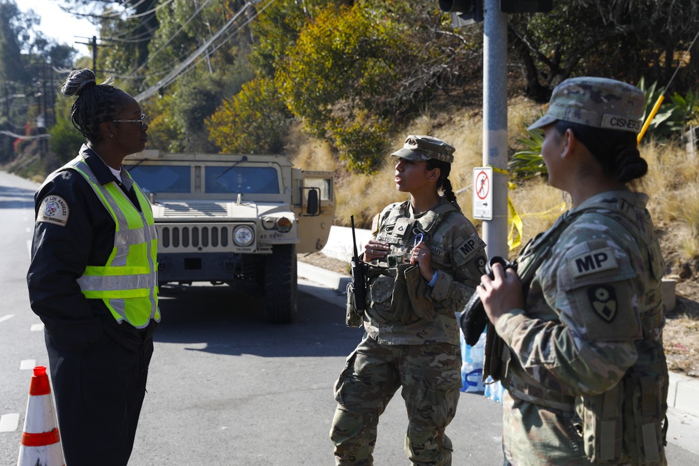 149th CBRN Company, 270th MP Company, and 40th MP Company maintain Traffic Control Points around Palisades Fire