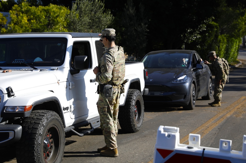 149th CBRN Company, 270th MP Company, and 40th MP Company maintain Traffic Control Points around Palisades Fire