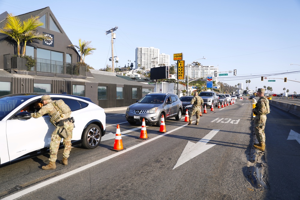 149th CBRN Company, 270th MP Company, and 40th MP Company at Traffic Control Points around Palisades Fire