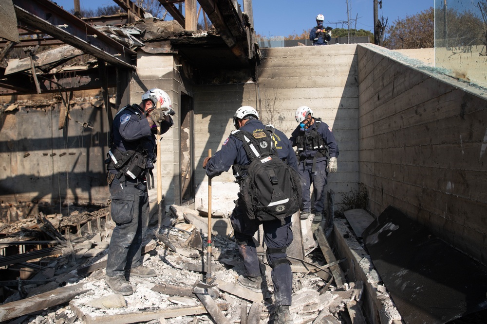 Search and Rescue teams perform search mission in Pacific Palisades