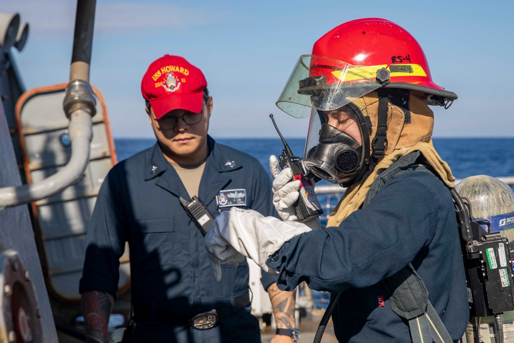 USS Howard Conducts Hangar Bay Fire Drill