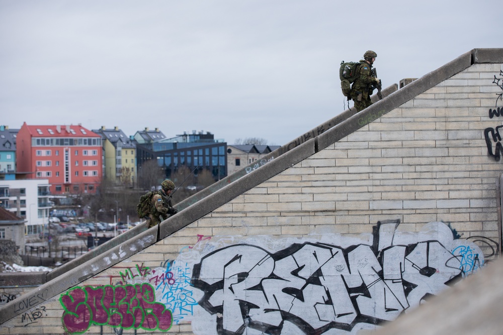 U.S. Soldiers assigned to 2-227th AR and Estonian Forces conduct a Protective Service Detail Training Exercise