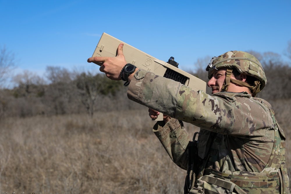 Simulated drone reaction exercises during field training exercises on Fort Cavazos