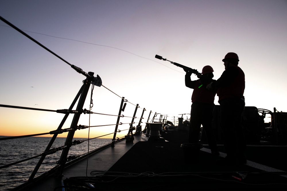 WAYNE E. MEYER SAILORS CONDUCT REPLENISHMENT-AT-SEA