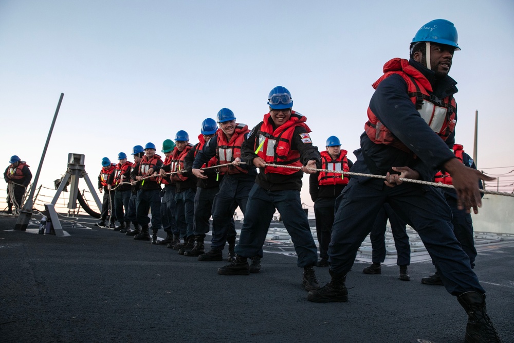 WAYNE E. MEYER SAILORS CONDUCT REPLENISHMENT-AT-SEA