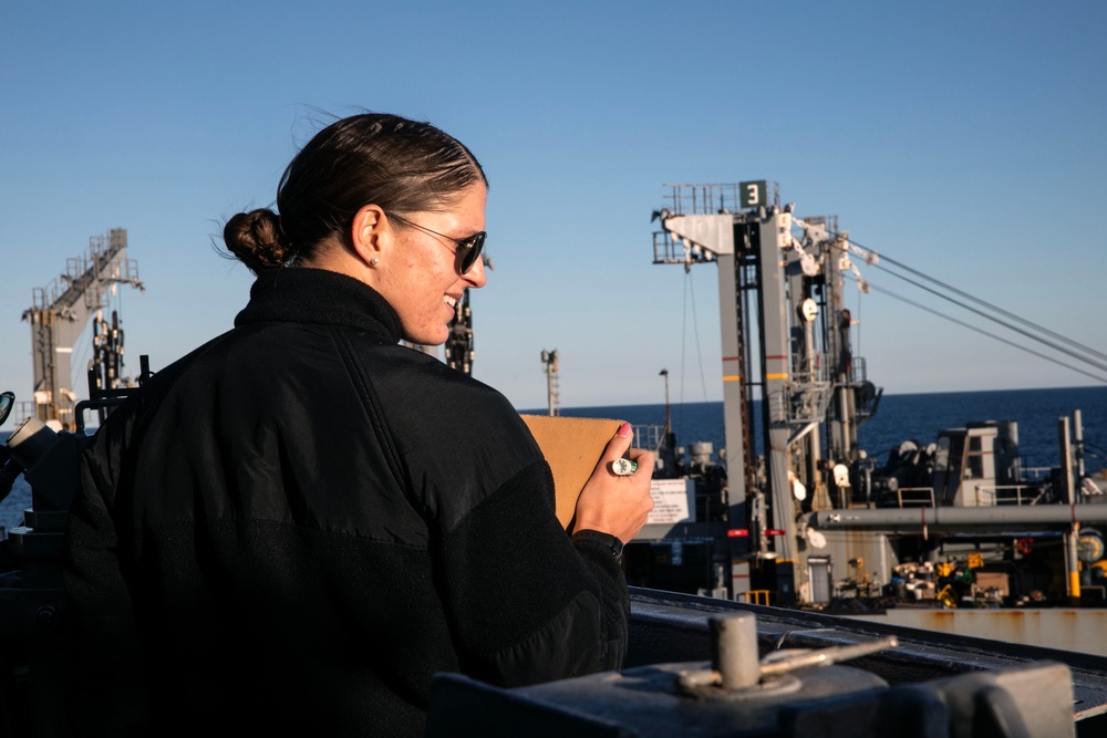 WAYNE E. MEYER SAILORS CONDUCT REPLENISHMENT-AT-SEA