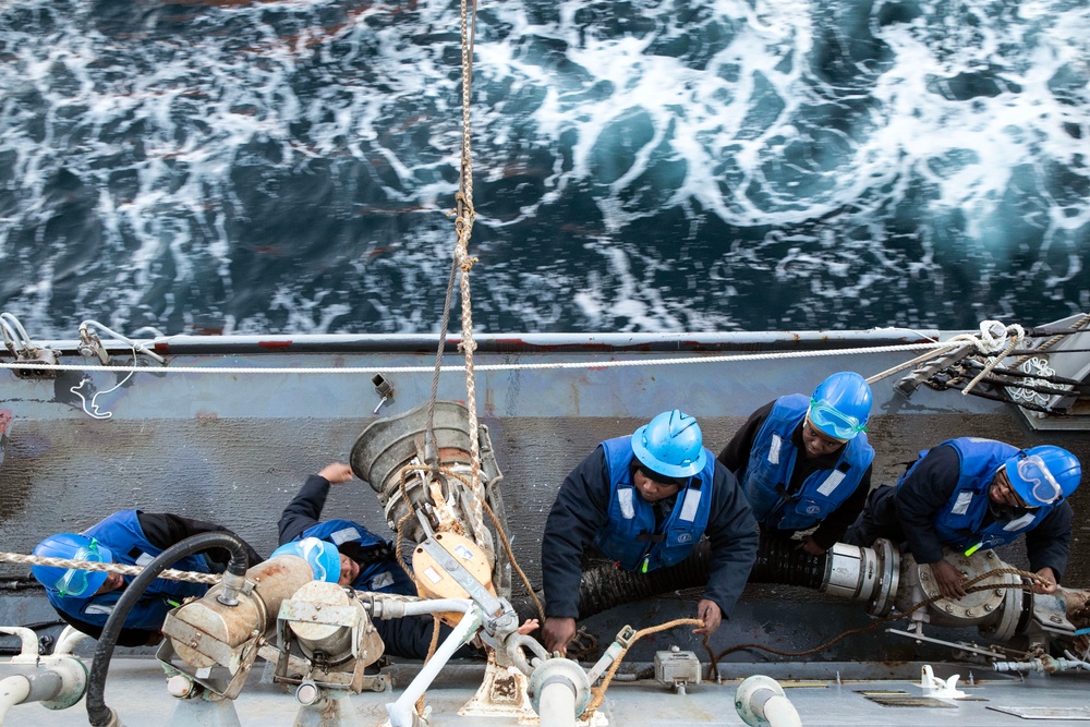 WAYNE E. MEYER SAILORS CONDUCT REPLENISHMENT-AT-SEA