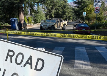 California National Guardsmen set up camp at Rose Bowl Stadium while firefighting efforts continue