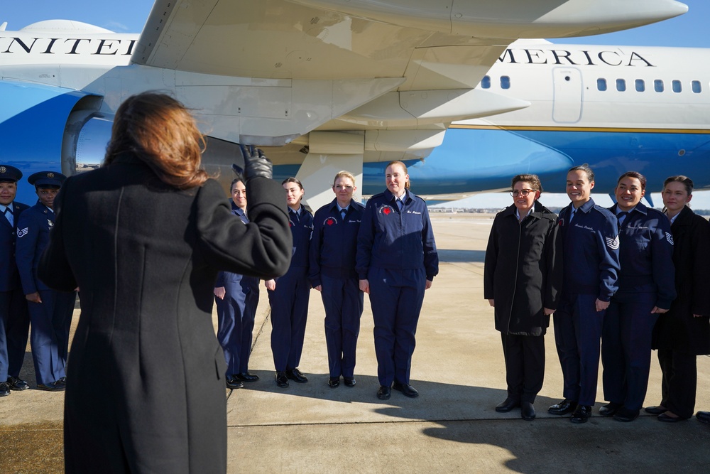 Kamala Harris recognizes 89th AW members before her final flight