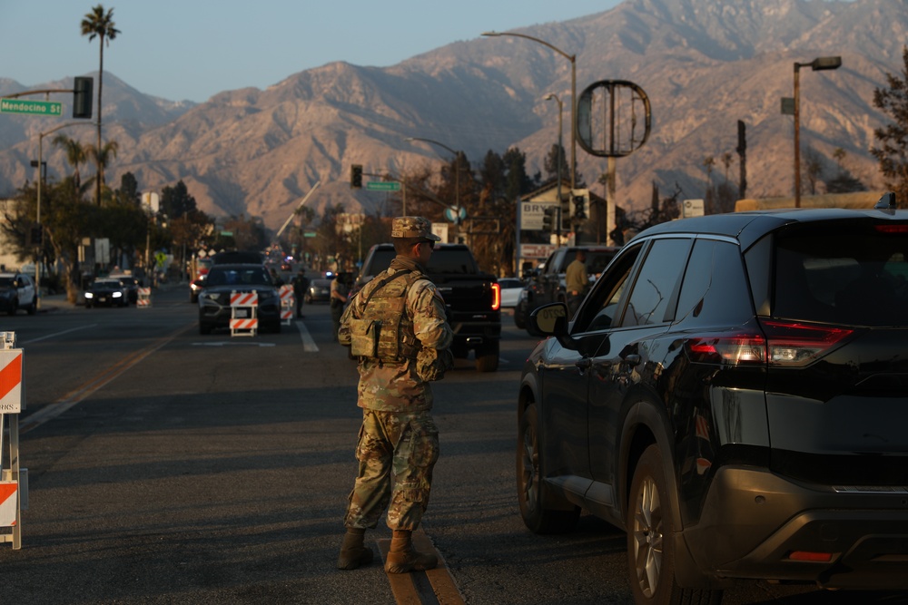 Soldiers maintain Traffic Control Points near the Eaton Fire