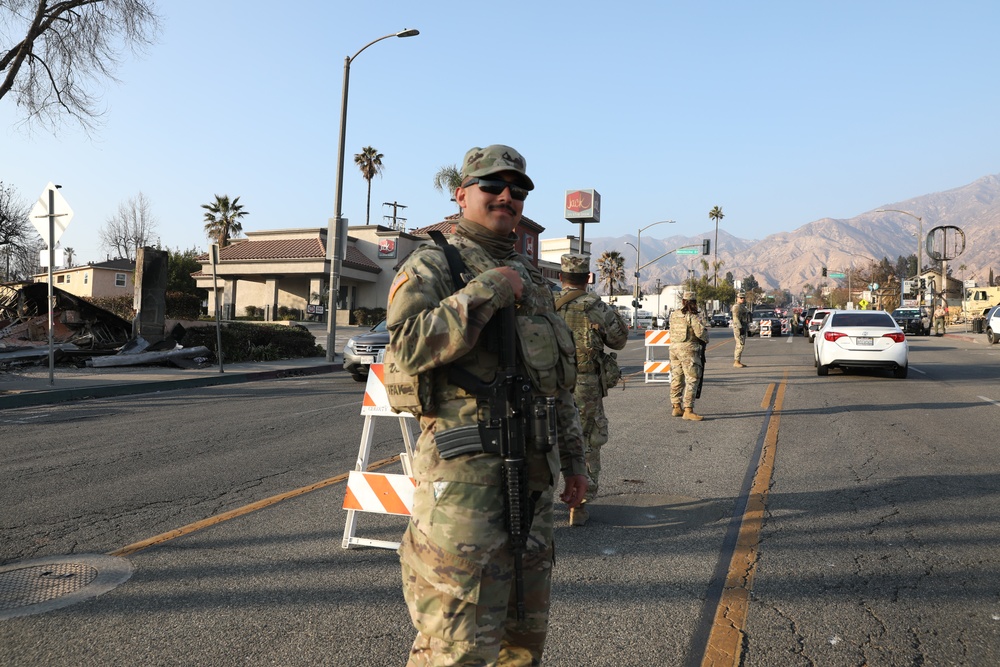 Soldiers maintain Traffic Control Points near the Eaton Fire